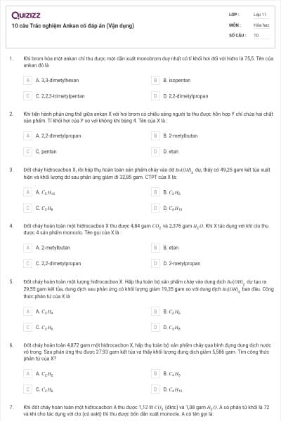10 câu  Trắc nghiệm Ankan có đáp án (Vận dụng)