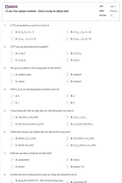15 câu Trắc nghiệm Anđehit - Xeton có đáp án (Nhận biết)