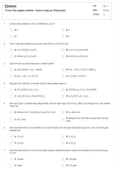 15 câu Trắc nghiệm Anđehit - Xeton có đáp án (Thông hiểu)
