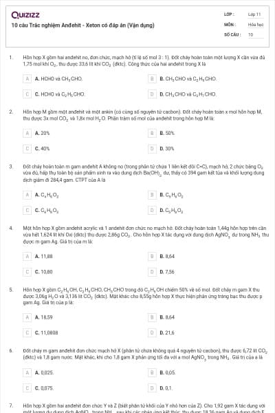 10 câu  Trắc nghiệm Anđehit - Xeton có đáp án (Vận dụng)