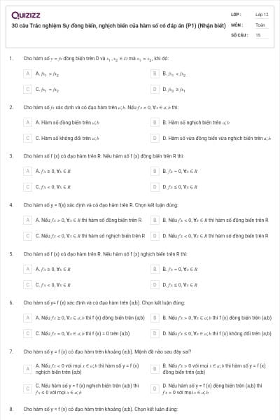 30 câu Trắc nghiệm Sự đồng biến, nghịch biến của hàm số có đáp án (P1) (Nhận biết)