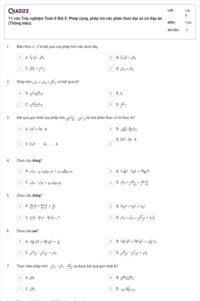 11 câu Trắc nghiệm Toán 8 Bài 5: Phép cộng, phép trừ các phân thức đại số có đáp án (Thông hiểu)