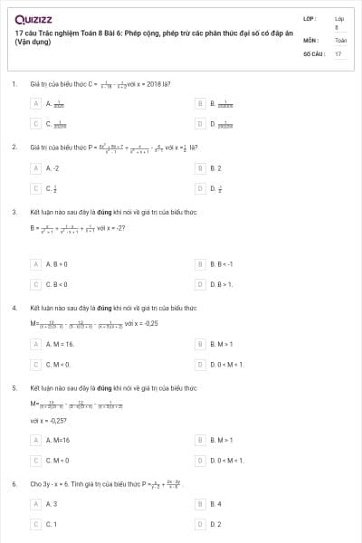 17 câu Trắc nghiệm Toán 8 Bài 6: Phép cộng, phép trừ các phân thức đại số có đáp án (Vận dụng)