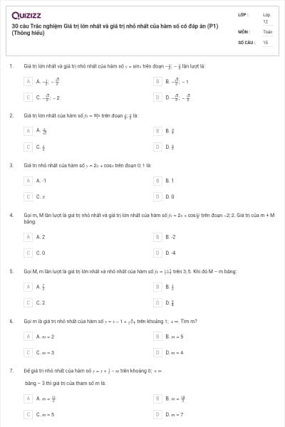 30 câu Trắc nghiệm Giá trị lớn nhất và giá trị nhỏ nhất của hàm số có đáp án (P1) (Thông hiểu)