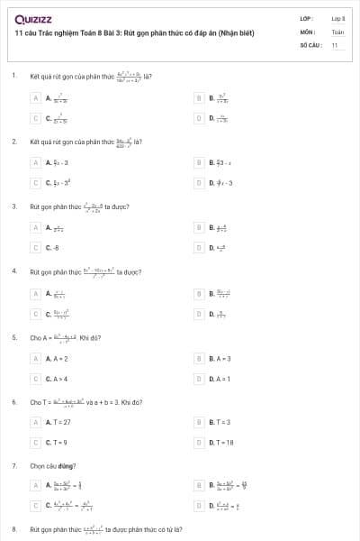 11 câu Trắc nghiệm Toán 8 Bài 3: Rút gọn phân thức có đáp án (Nhận biết)