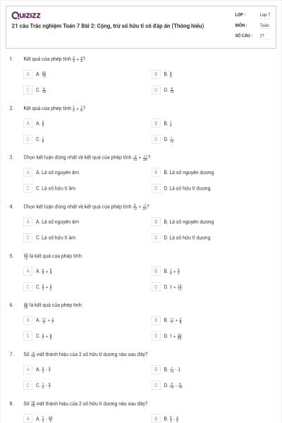 21 câu Trắc nghiệm Toán 7 Bài 2: Cộng, trừ số hữu tỉ có đáp án (Thông hiểu)