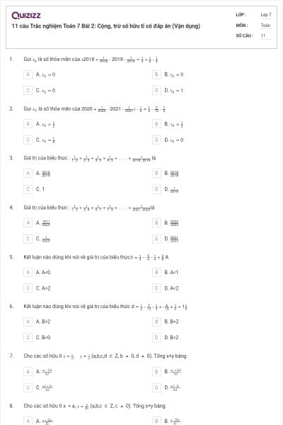 11 câu Trắc nghiệm Toán 7 Bài 2: Cộng, trừ số hữu tỉ có đáp án (Vận dụng)