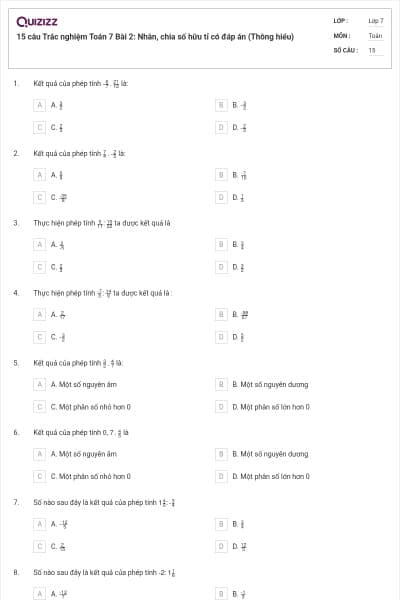 15 câu Trắc nghiệm Toán 7 Bài 2: Nhân, chia số hữu tỉ có đáp án (Thông hiểu)