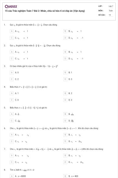 15 câu Trắc nghiệm Toán 7 Bài 2: Nhân, chia số hữu tỉ có đáp án (Vận dụng)
