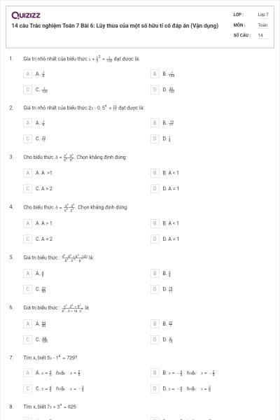 14 câu Trắc nghiệm Toán 7 Bài 6: Lũy thừa của một số hữu tỉ có đáp án (Vận dụng)
