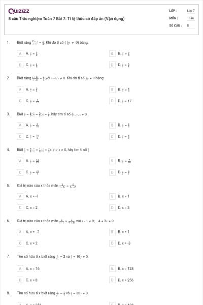 8 câu Trắc nghiệm Toán 7 Bài 7: Tỉ lệ thức có đáp án (Vận dụng)