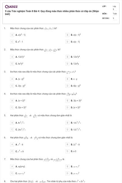 9 câu Trắc nghiệm Toán 8 Bài 4: Quy đồng mẫu thức nhiều phân thức có đáp án (Nhận biết)