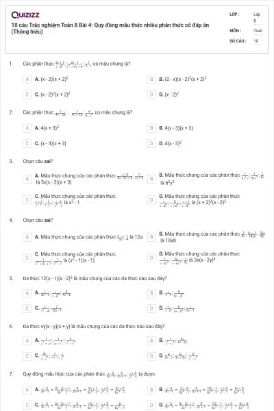 10 câu Trắc nghiệm Toán 8 Bài 4: Quy đồng mẫu thức nhiều phân thức có đáp án (Thông hiểu)