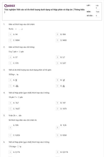 Trắc nghiệm Viết các số đo khối lượng dưới dạng số thập phân có đáp án ( Thông hiểu )