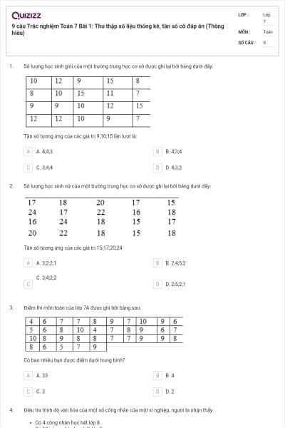 9 câu Trắc nghiệm Toán 7 Bài 1: Thu thập số liệu thống kê, tần số có đáp án (Thông hiểu)