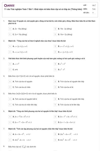 11 câu Trắc nghiệm Toán 7 Bài 1: Khái niệm về biểu thức đại số có đáp án (Thông hiểu)
