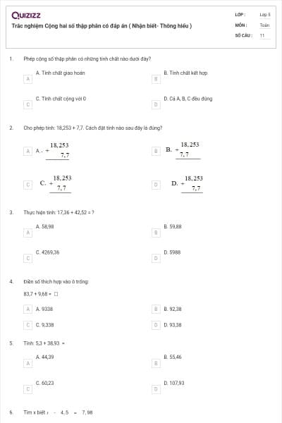 Trắc nghiệm Cộng hai số thập phân có đáp án ( Nhận biết- Thông hiểu )