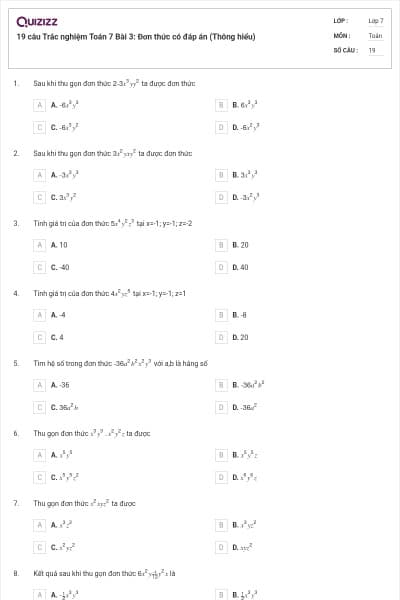 19 câu Trắc nghiệm Toán 7 Bài 3: Đơn thức có đáp án (Thông hiểu)