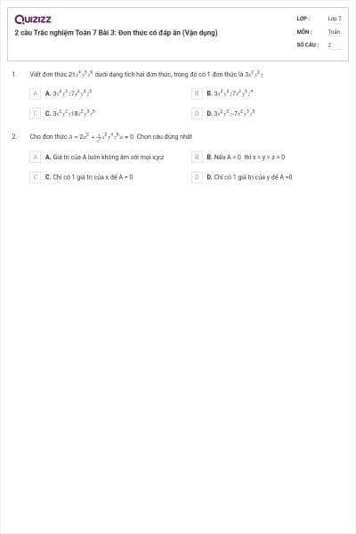 2 câu Trắc nghiệm Toán 7 Bài 3: Đơn thức có đáp án (Vận dụng)