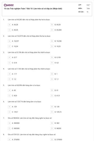 10 câu Trắc nghiệm Toán 7 Bài 10: Làm tròn số có đáp án (Nhận biết)