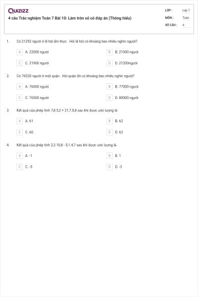 4 câu Trắc nghiệm Toán 7 Bài 10: Làm tròn số có đáp án (Thông hiểu)