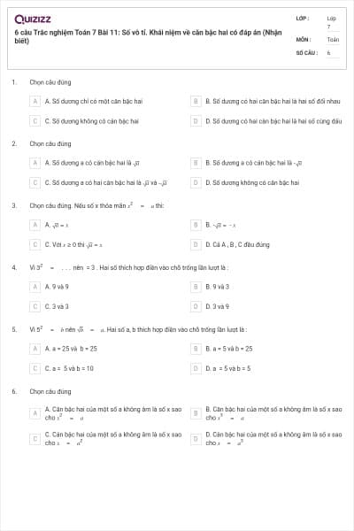 6 câu Trắc nghiệm Toán 7 Bài 11: Số vô tỉ. Khái niệm về căn bậc hai có đáp án (Nhận biết)