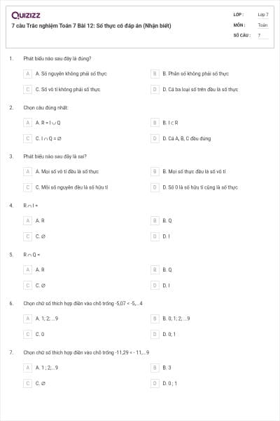 7 câu Trắc nghiệm Toán 7 Bài 12: Số thực có đáp án (Nhận biết)
