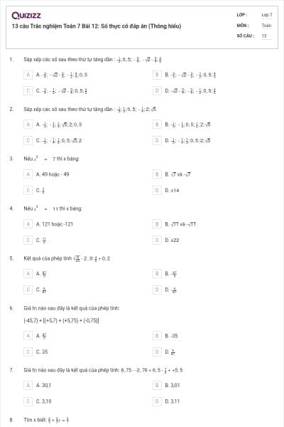 13 câu Trắc nghiệm Toán 7 Bài 12: Số thực có đáp án (Thông hiểu)