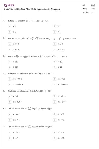 7 câu Trắc nghiệm Toán 7 Bài 12: Số thực có đáp án (Vận dụng)
