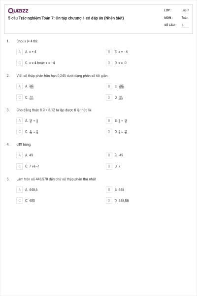 5 câu Trắc nghiệm Toán 7: Ôn tập chương 1 có đáp án (Nhận biết)