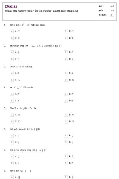 10 câu Trắc nghiệm Toán 7: Ôn tập chương 1 có đáp án (Thông hiểu)
