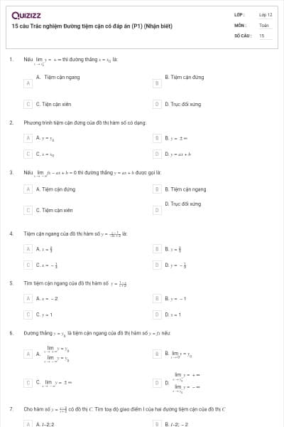 15 câu Trắc nghiệm Đường tiệm cận có đáp án (P1) (Nhận biết)