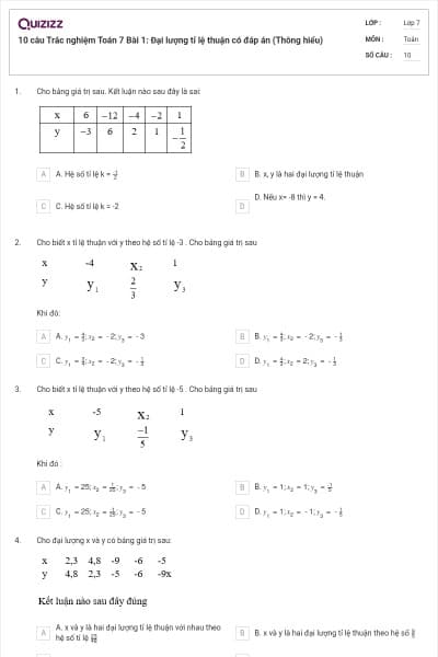 10 câu Trắc nghiệm Toán 7 Bài 1: Đại lượng tỉ lệ thuận có đáp án (Thông hiểu)