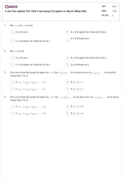 4 câu Trắc nghiệm Toá 7 Bài 3: Đại lượng tỉ lệ nghịch có đáp án (Nhận biết)