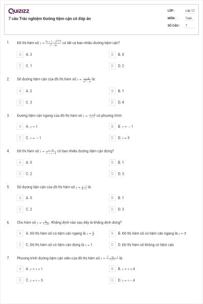 7 câu Trắc nghiệm Đường tiệm cận có đáp án