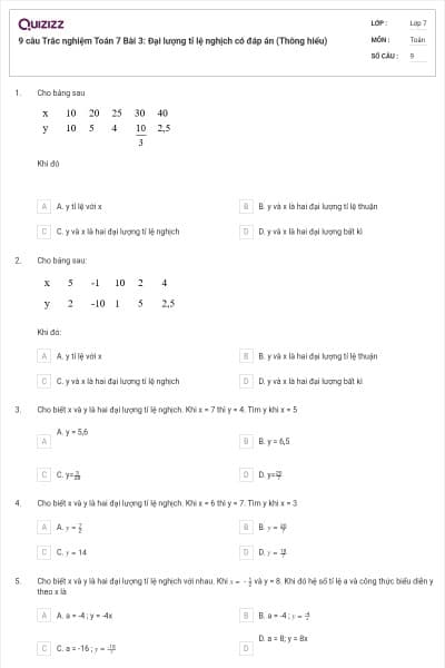9 câu Trắc nghiệm Toán 7 Bài 3: Đại lượng tỉ lệ nghịch có đáp án (Thông hiểu)