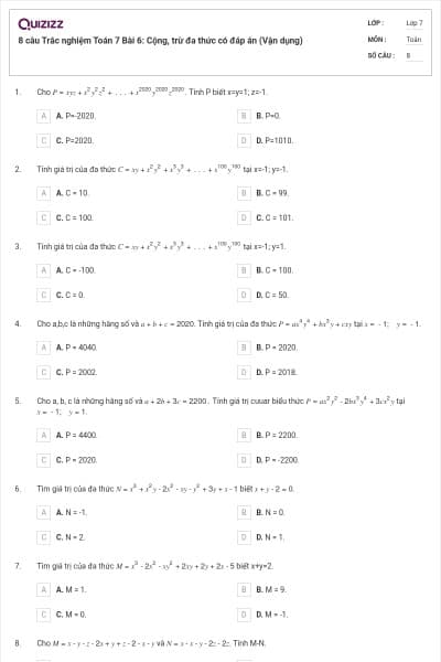 8 câu Trắc nghiệm Toán 7 Bài 6: Cộng, trừ đa thức có đáp án (Vận dụng)