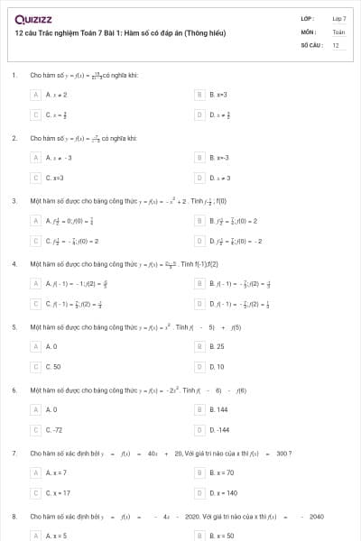 12 câu Trắc nghiệm Toán 7 Bài 1: Hàm số có đáp án (Thông hiểu)