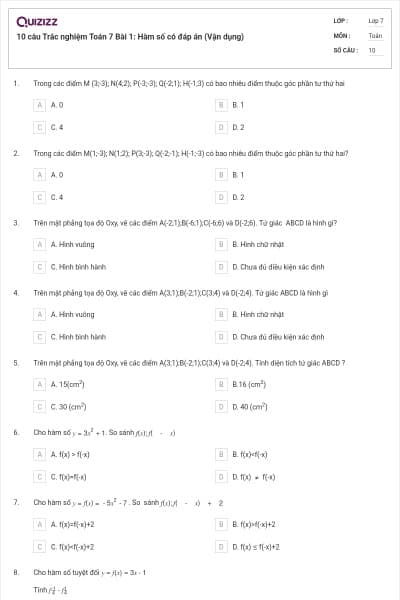 10 câu Trắc nghiệm Toán 7 Bài 1: Hàm số có đáp án (Vận dụng)