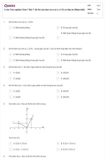 6 câu Trắc nghiệm Toán 7 Bài 7: Đồ thị của hàm số y=ax ( a # 0) có đáp án (Nhận biết)