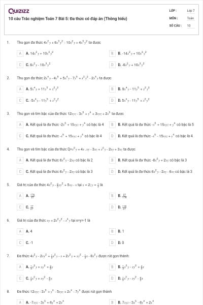 10 câu Trắc nghiệm Toán 7 Bài 5: Đa thức có đáp án (Thông hiểu)