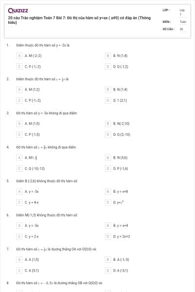 20 câu Trắc nghiệm Toán 7 Bài 7: Đồ thị của hàm số y=ax ( a#0) có đáp án (Thông hiểu)