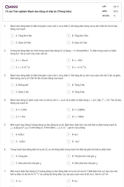 15 câu Trắc nghiệm Mạch dao động có đáp án (Thông hiểu)