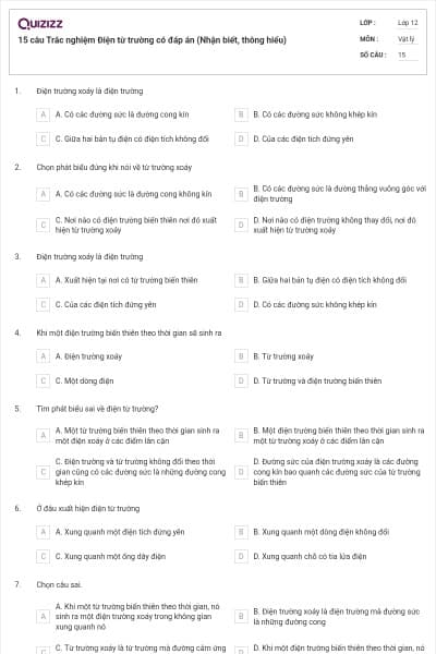 15 câu Trắc nghiệm Điện từ trường có đáp án (Nhận biết, thông hiểu)