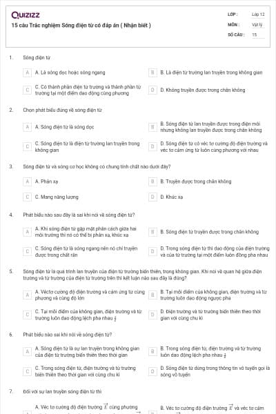 15 câu Trắc nghiệm Sóng điện từ có đáp án ( Nhận biết )