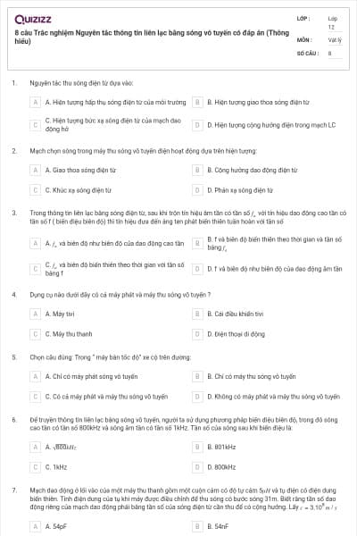 8 câu Trắc nghiệm Nguyên tắc thông tin liên lạc bằng sóng vô tuyến có đáp án (Thông hiểu)