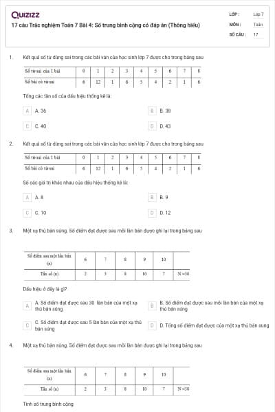 17 câu Trắc nghiệm Toán 7 Bài 4: Số trung bình cộng có đáp án (Thông hiểu)
