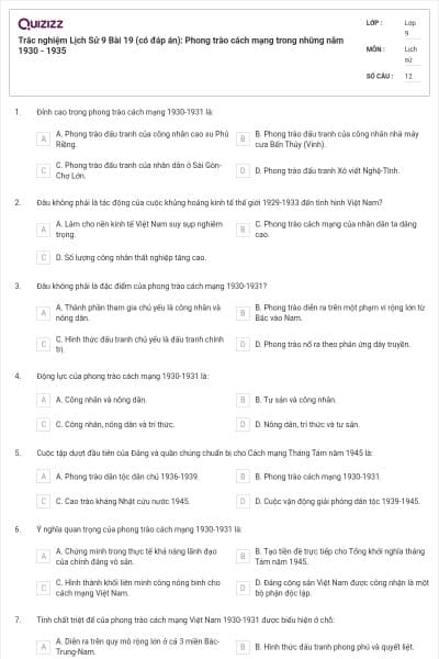 Trắc nghiệm Lịch Sử 9 Bài 19 (có đáp án): Phong trào cách mạng trong những năm 1930 - 1935