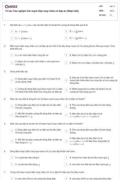 14 câu Trắc nghiệm Các mạch điện xoay chiều có đáp án (Nhận biết)