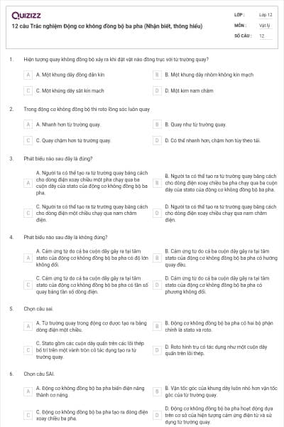 12 câu Trắc nghiệm Động cơ không đồng bộ ba pha (Nhận biết, thông hiểu)